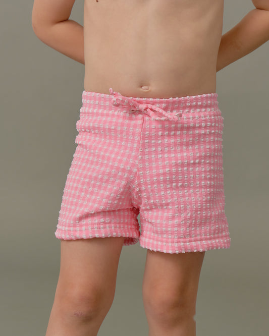 Kids Swim Trunks in Pink Tourmaline Gingham