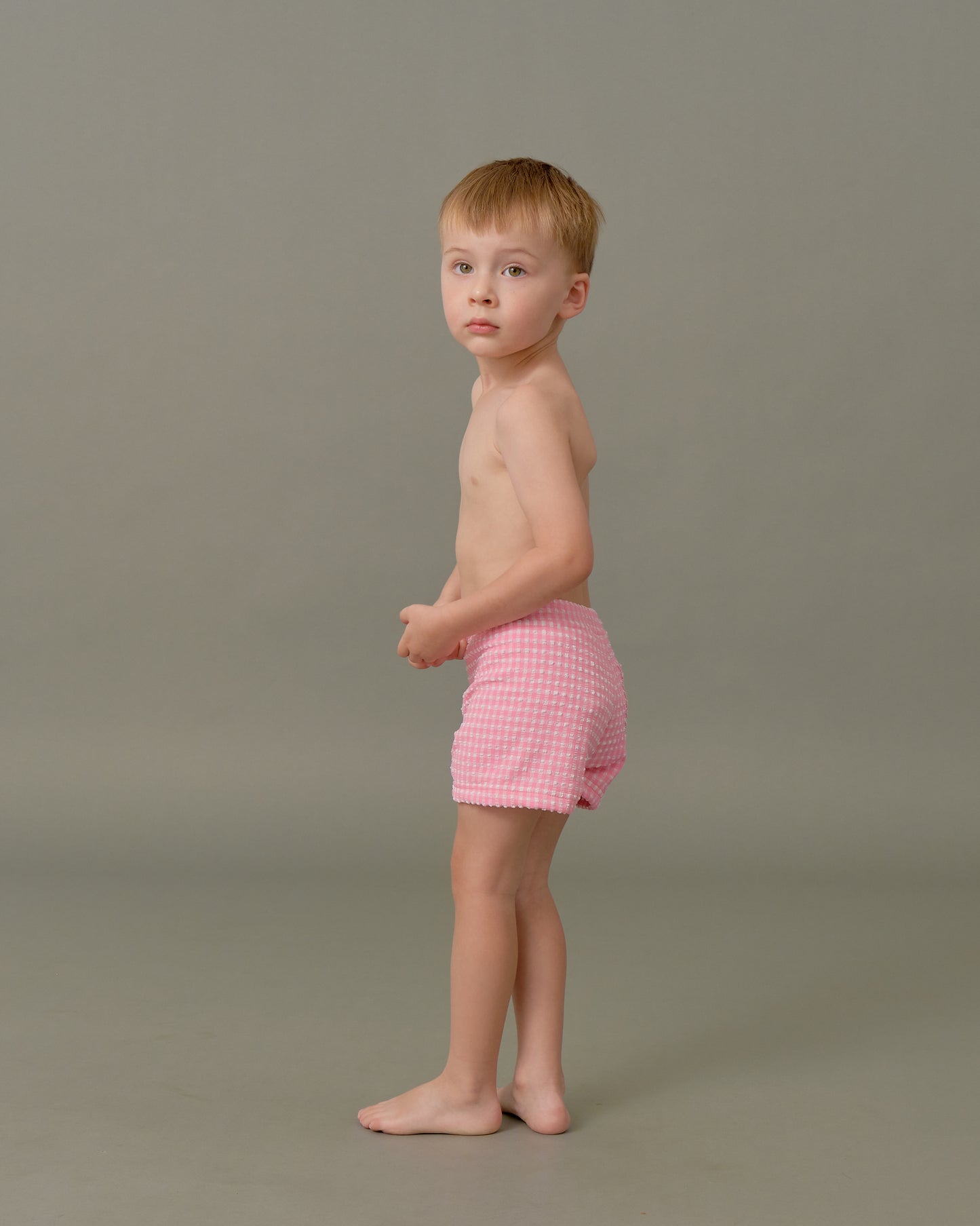 Kids Swim Trunks in Pink Tourmaline Gingham