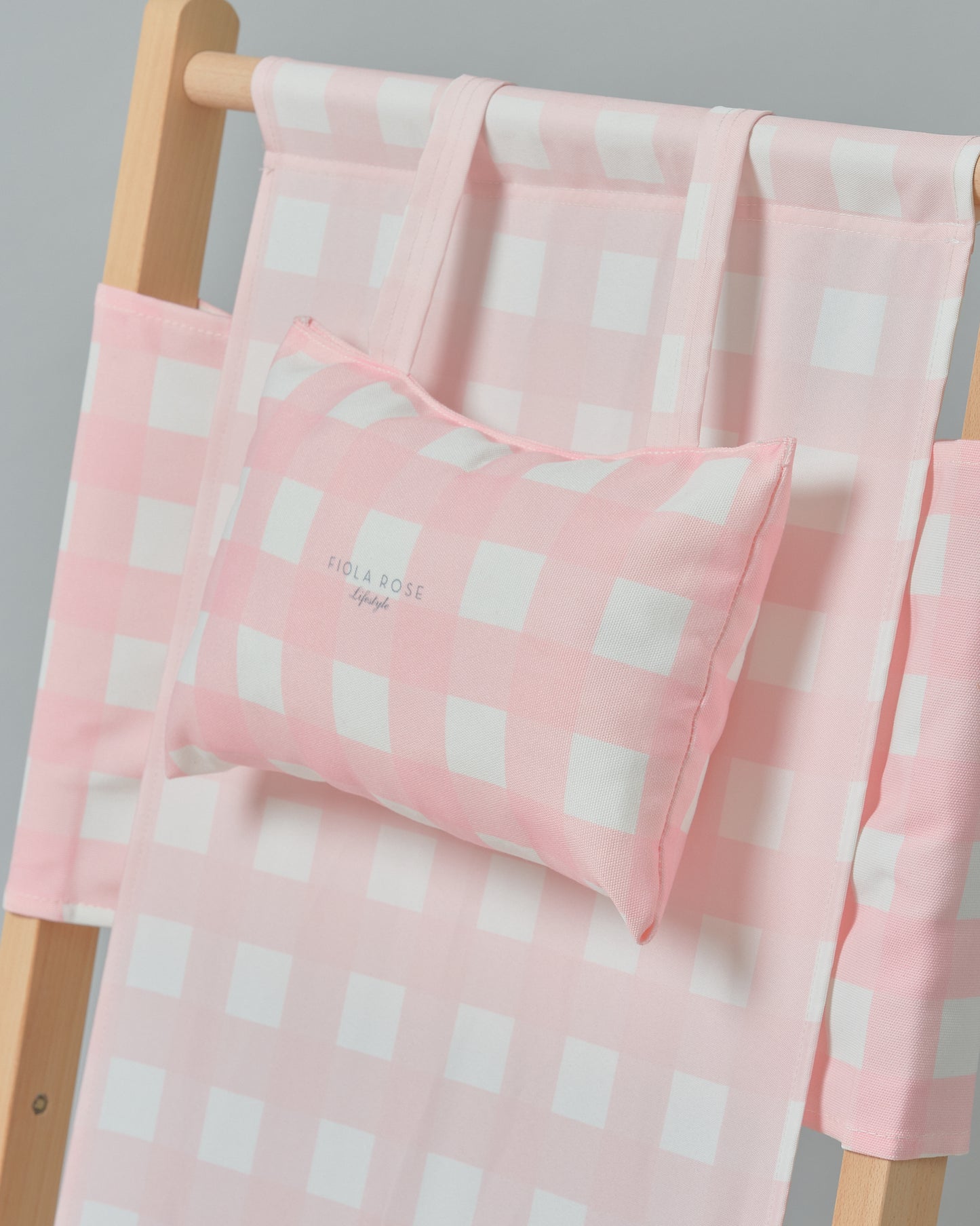 Premium Reclining Beach Chair in Rose Quartz Gingham