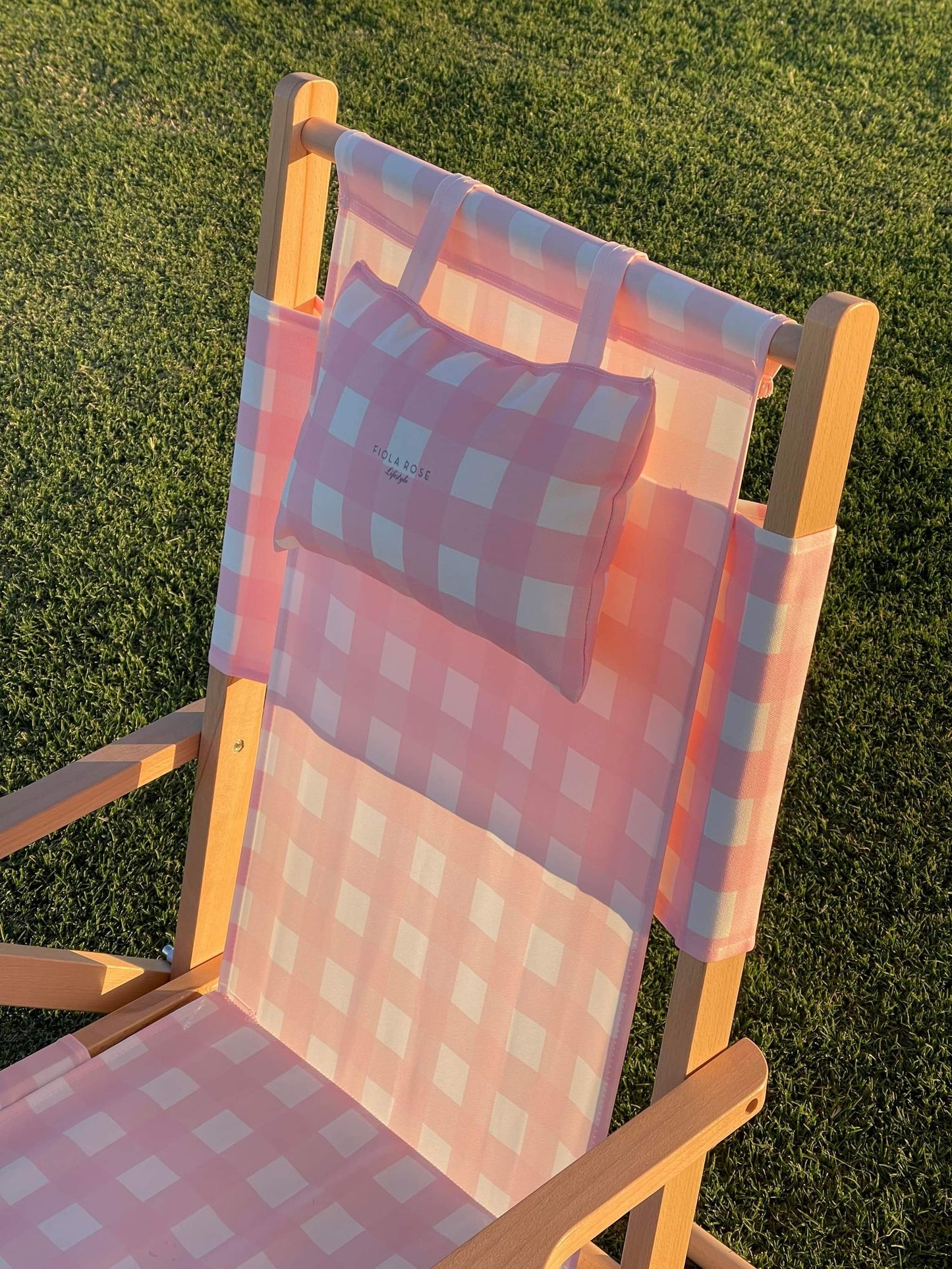 Premium Reclining Beach Chair in Rose Quartz Gingham