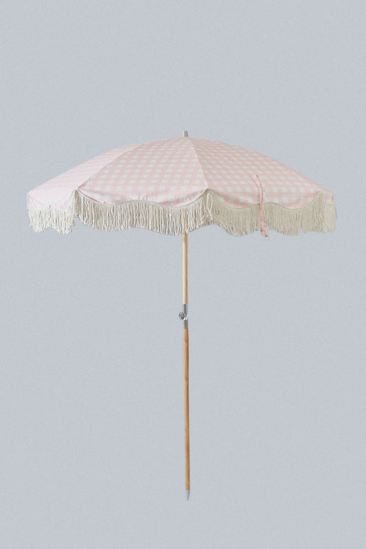 Premium Beach Umbrella in Rose Quartz Gingham