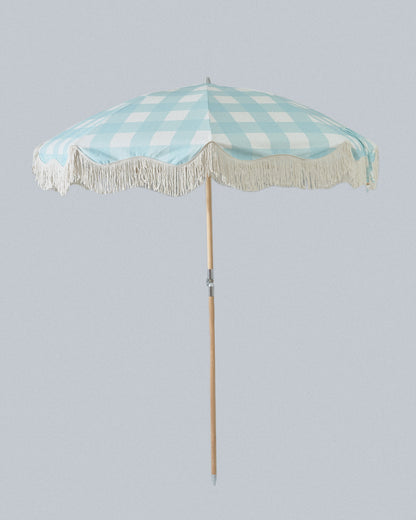Premium Beach Umbrella in Aquamarine Buffalo Check